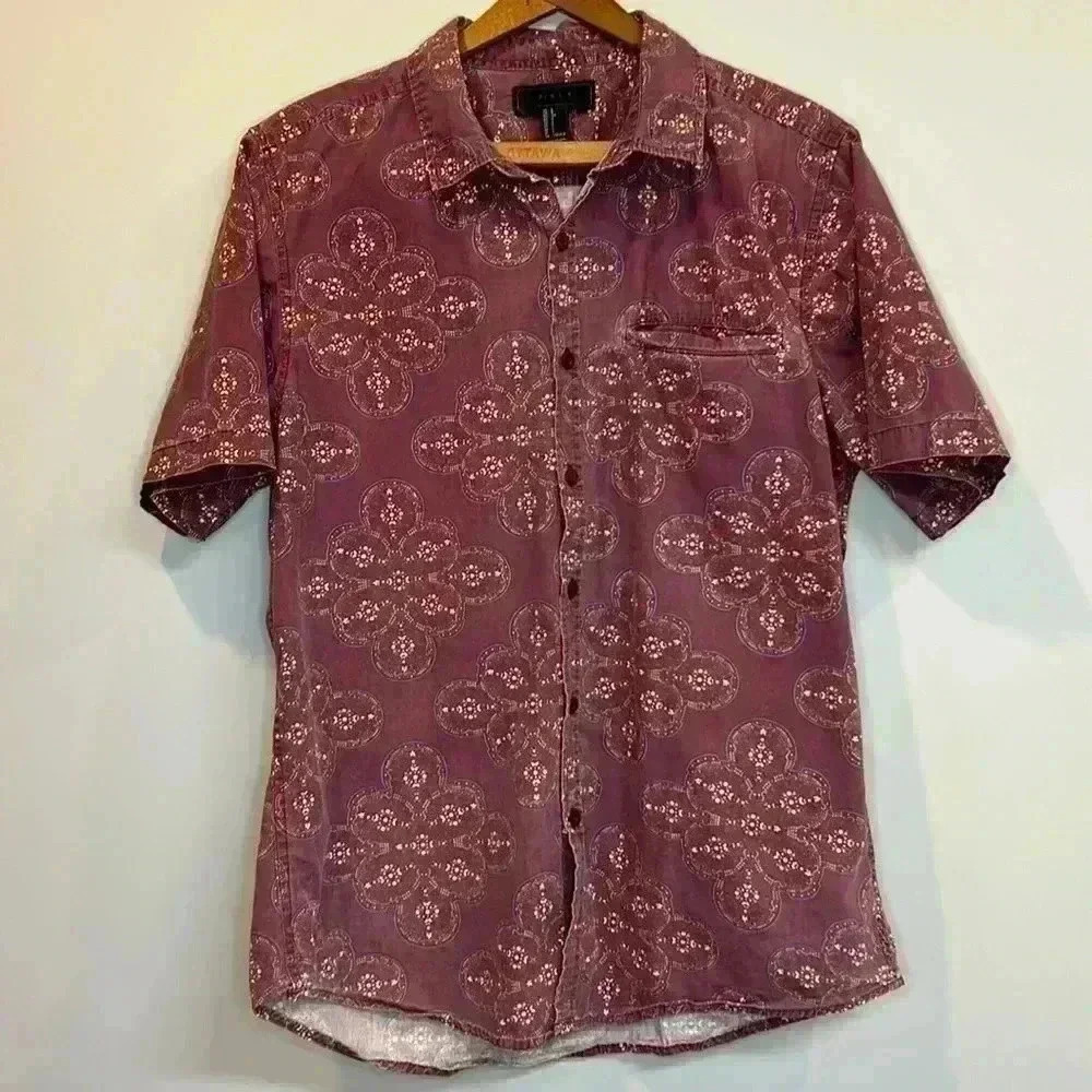 21Men Short Sleeve Button Up Shirt Large Paisley Pocket Pattern 100% Cotton Fun